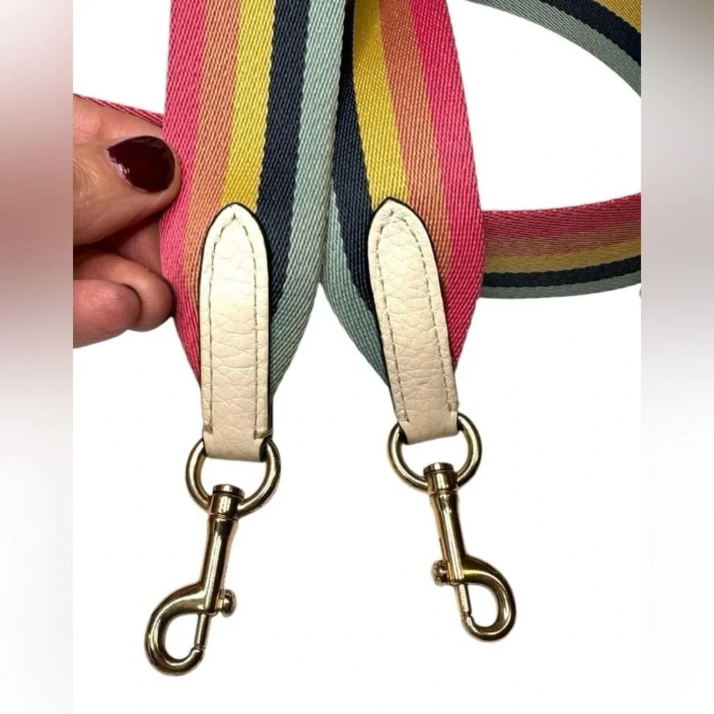 Coach Mini Dempsey Camera Bag in Signature Denim with Rainbow Web Strap